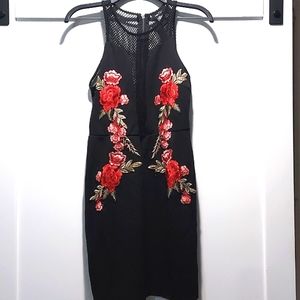 Rue 21 Black sleeveless dress with mesh insert, floral embroidery